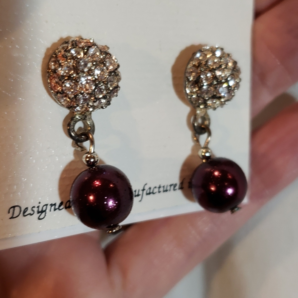 Earrings Dangle purple pearl size balls w/crystals